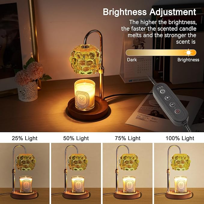 Candle Warmer Lamp with Timer Adjustable - Height Candle Warmer, Dimmer, Vintage Glass Wax Melting Lamps for Home Decor, for Candles in Jars with 2 Bulbs