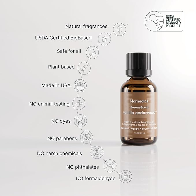 Homedics Waterless Essential Oil Diffuser with 15ml Vanilla Cedarwood Fragrance Oil. SereneScent Cordless Cold Air Scent Diffuser Starter Kit with Ambient Light, Studio 671 (Black)