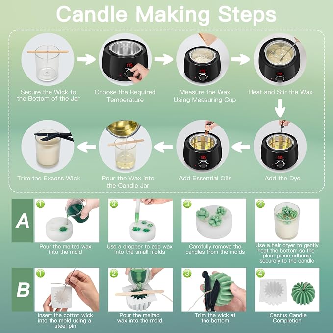 ZEROMX Candle Making Kit for Adults & Beginners - All-in-One DIY Candle Supplies with 1200g Natural Soy Wax, Hot Plate, 2 Succulent Molds, 8 Jars & Gift Boxes | Perfect for Home Crafts & Gifting