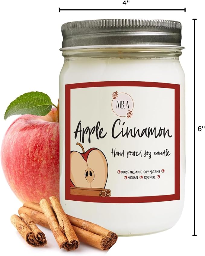 Aira Soy Candle – Apple Cinnamon – 12 oz Mason Jar – Hand-Poured USA – Long-Lasting Vegan Soy Wax Candle – Cozy Fall & Holiday Aromatherapy – Paraffin-Free, Kosher, Cruelty-Free