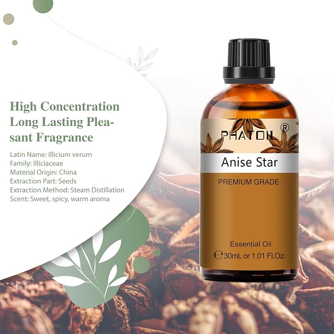 Anise Star 1.01fl.oz Essential Oil, PHATOIL Pure Aromatherapy Oils for Diffuser, Humidifier, Perfect for DIY Soap, Candle, Bath Bombs Making(30ml)
