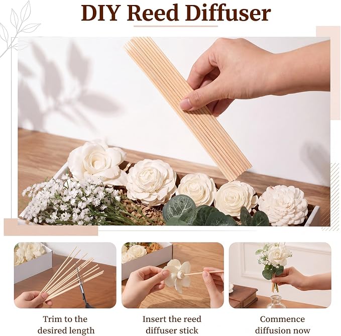 XunYee 33 Pcs Reed Diffuser Set Include Flowers and Sticks，Sola Flowers with Eucalyptus and Gypsophila Oil Diffuser Sticks Aromatherapy for Home Decor Bathroom Decor (Rose, Lotus, Chrysanthemum)