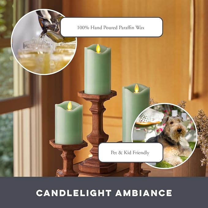Matchless Candle Co. by Luminara Set of 3 (3" x 4.5",5.5",6.5") Flameless LED Flickering Battery Candle Moving Flame Pillar, Melted Edge, Real Wax Smooth Finish (Pastel Green)