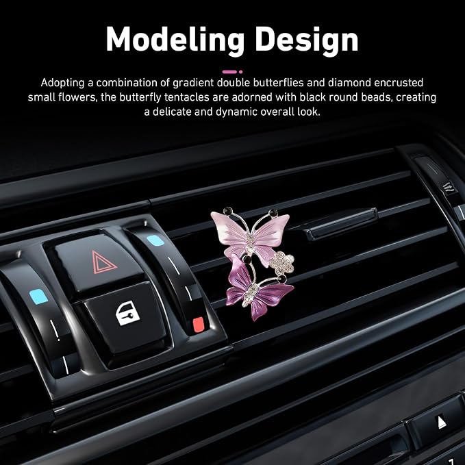 4 PCS Dual Butterfly Car Air Vent Clips, Car Air Vent Shimmering Rhinestone Butterfly Decoration Clips, Smell Diffuser for Horizontal Vertical AC Export, Universal for Most Vehicles (Purple)
