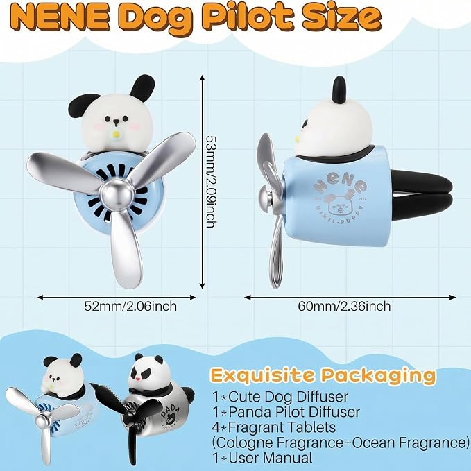 Tallew 2 Pack Car Air Freshener Cute Dog & Panda Car Vent Clip Diffuser with Rotating Propeller Outlet Vent Easy to Install Included 4 Scents Aroma Tablets Aromatherapy Ornament Auto Accessories