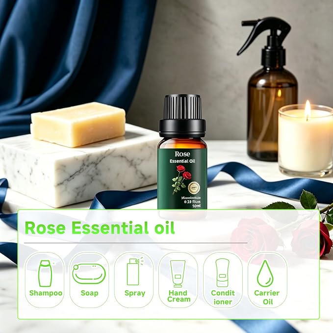 Rose Essential Oil, 100% Pure & Natural – Rose Oil for Aromatherapy Diffuser, Skin & Hair Care, Perfume, Soap & Candle Making, 0.33 Fl Oz / 10ml Mumianhua