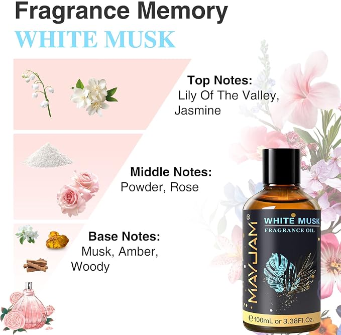 MAYJAM 100ML/3.38FL.OZ White Musk Fragrance Oils with Glass Dropper, Essential Oils for Diffusers for Home, Long Lasting Scented Oils for Diffusers Soap Candle Making