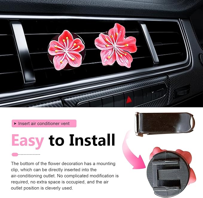 6 PCS Flower Car Air Vent Clips, 3D Stereo Peach Blossom & Cherry Blossom Decoration, A/C Straight Outlet Diffuser for Women & Girls, Interior Accessory for Most Cars (Multicolored)
