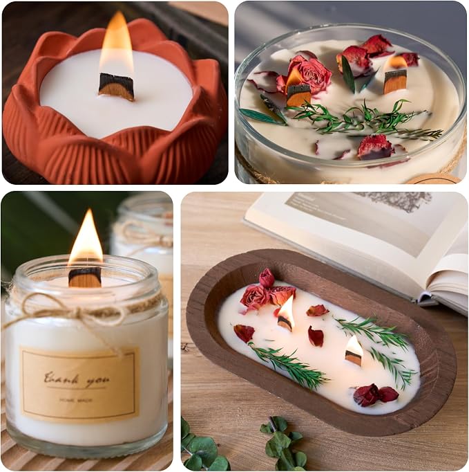 200pcs Thickened Wooden Candle Wicks Kit for Candle Making – Natural Smokeless Crackling Include 100pcs Wood Wicks with 100pcs Metal Bases, DIY Soy Wax Supplies