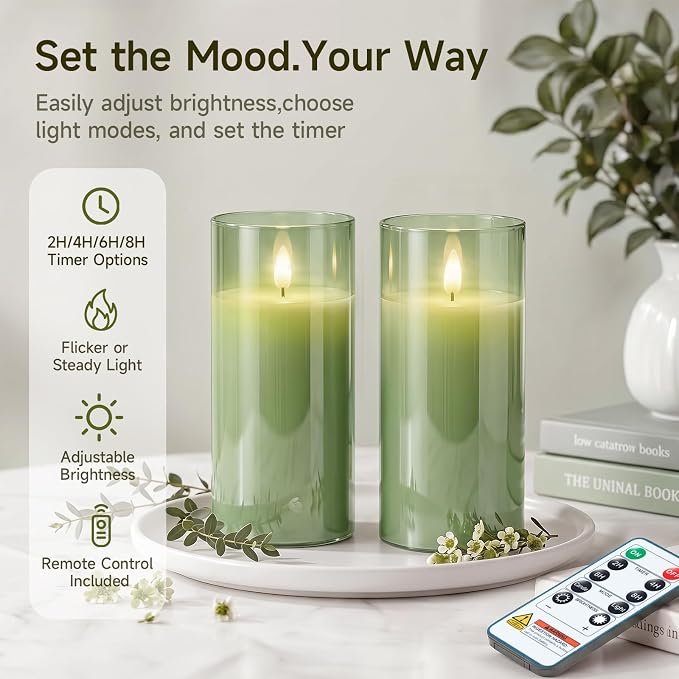 Homemory Sage Green Glass Flameless Candles Battery Operated LED Pillar Candles with Remote and Timer, Real Wax Flickering Candles Home Decor, Wedding, Easter, Farmhouse, Table Centerpieces, Set of 2