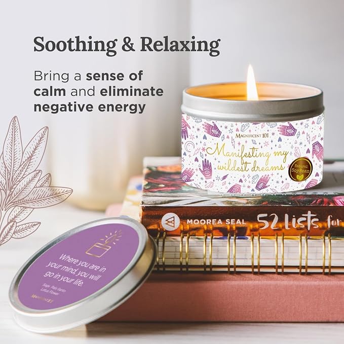 MAGNIFICENT 101 Affirmation Massage Candle - 6 Oz White Tin - Soy Candle Aromatherapy Meditation with Sage & Palo Santo Scent for Healing & Abundance - Manifesting My Wildest Dreams