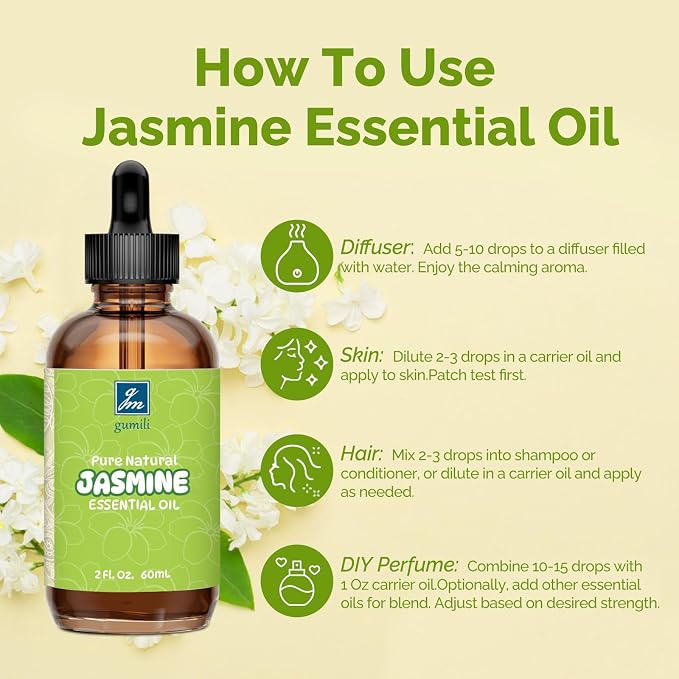 GM Gumili Jasmine Essential Oil 2 Oz, 100% Pure Jasmine Oil for Diffuser, Skin, Hair, Body & Face, Perfume, Floral Scent for Relaxation, Aromatherapy & Massage