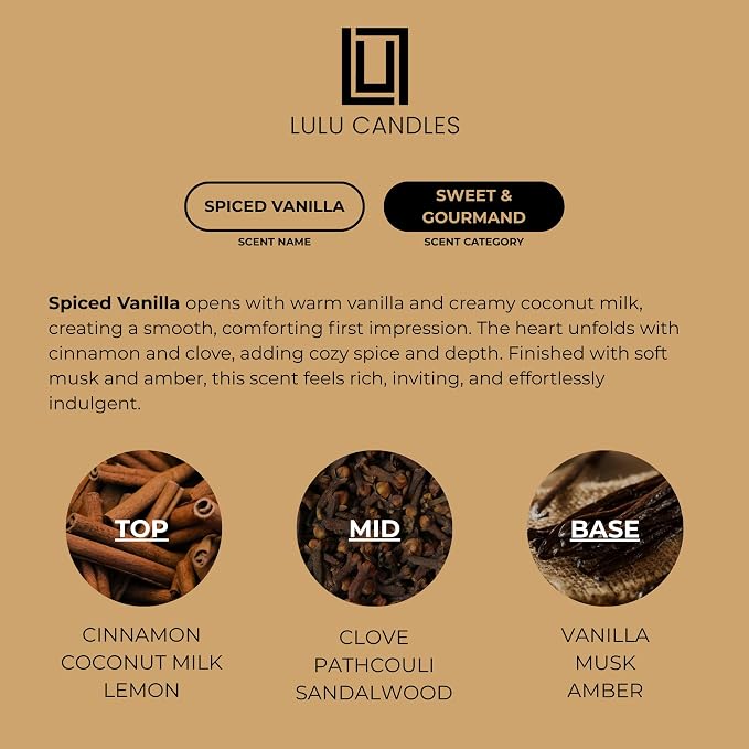 Lulu Candles | Spiced Vanilla | Luxury Scented Soy Jar Candle | Hand Poured in The USA | Highly Scented & Long Lasting (9 Oz.)