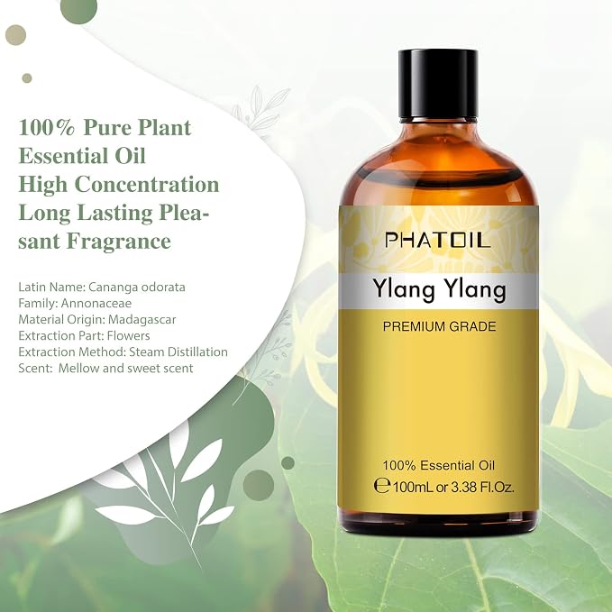 PHATOIL 100ML Ylang Ylang Essential Oil, Premium Essential Oils for Diffuser, Humidifier, 3.38fl.oz Scented Oils for Soap, Candle Making
