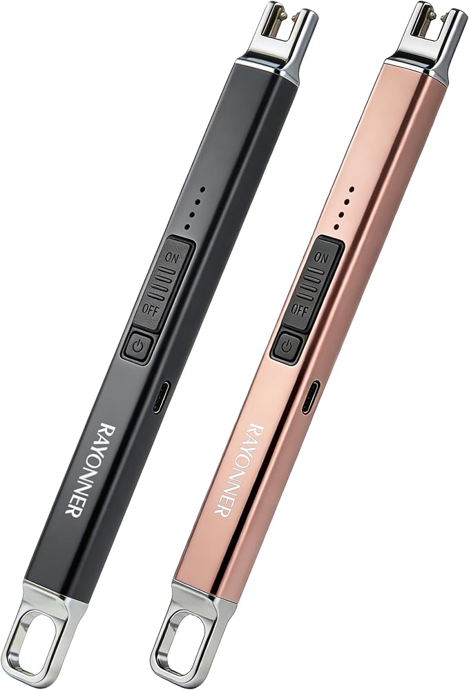 RAYONNER Electric Candle Lighter Rechargeable USB-C Plasma Arc Lighter with Hanging Hook Windproof Flameless Igniter for Camping Grill Home Decor Gifts (2 Pack - Black&Rosegold)