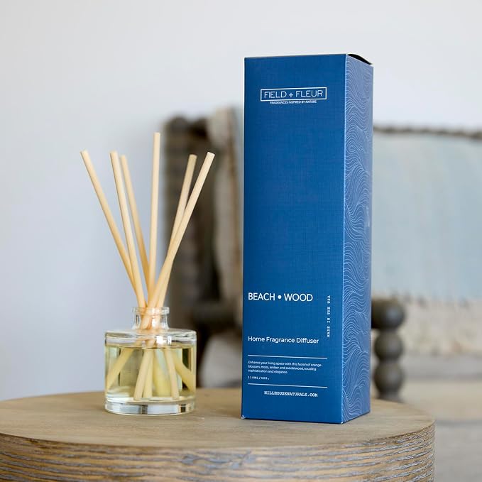 Field + Fleur - Reed Diffuser Set - Home Fragrance Diffuser - Refresh Home, Bedrooms, Bathrooms & More - Notes of Orange Blossom, Moss, Amber & Sandalwood - Made in the USA - Beach Wood Scent - 4 oz