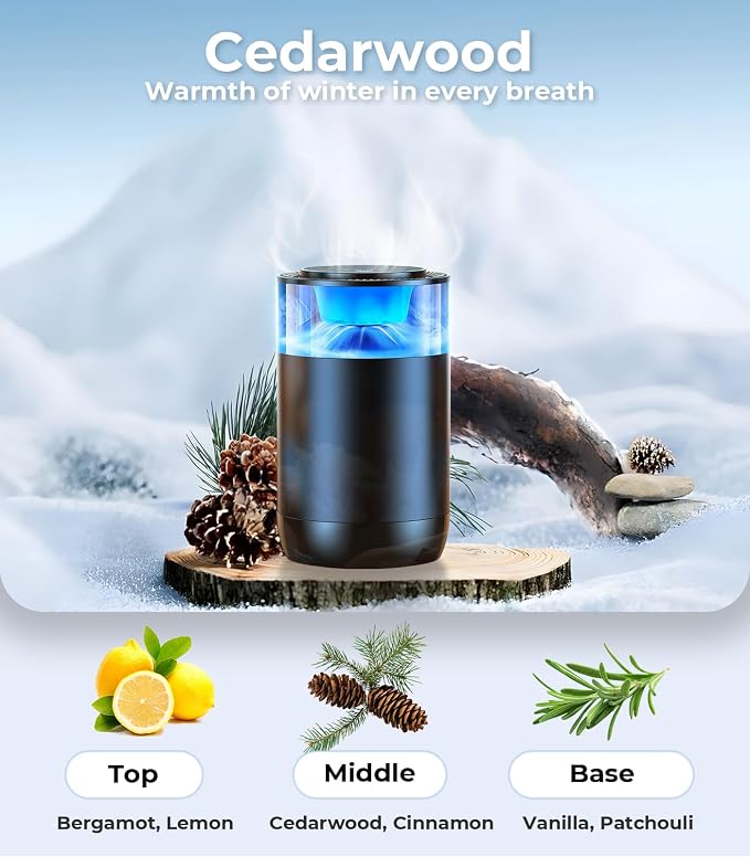 Hitolza Smart Car Air Fresheners, Ambient Light & Mist Fragrance, Auto On/Off Car Air Freshener Diffuser, Adjustable Intensity, Lasts 6 Months, Built-in Battery, Premium Scents Refill X2 - Cedarwood