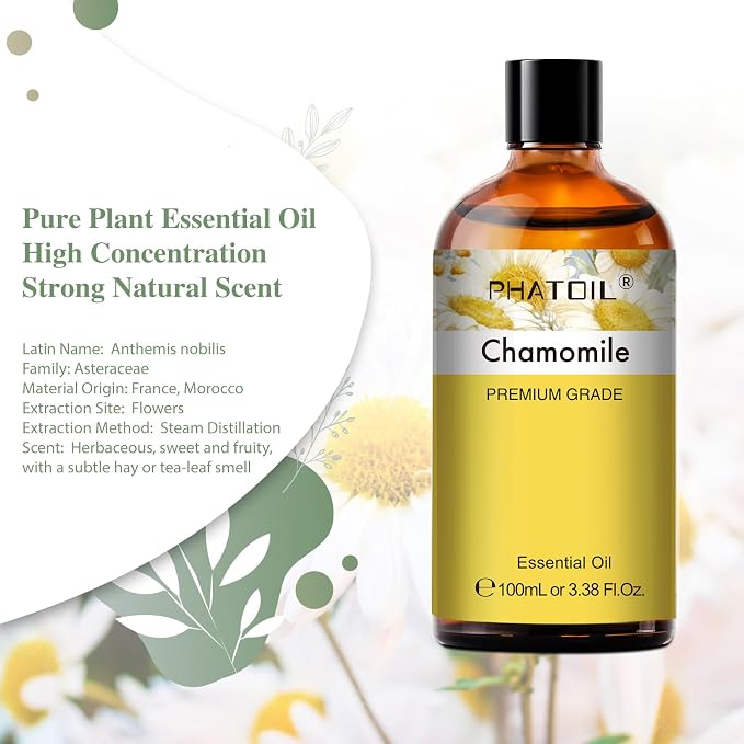 PHATOIL 100ML Chamomile Essential Oil - 3.38FL.OZ Essential Oils for Diffusers for Home - Chamomile Oil Aromatherapy Oils with Glass Dropper
