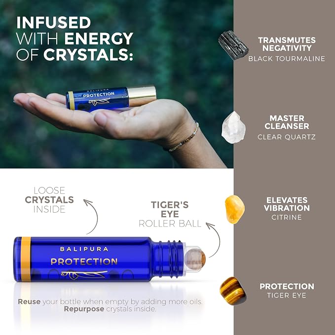 BALIPURA - Protection Roll On with Peppermint Essential Oil, Protection Healing Crystals - Clary Sage Oil Essential Oil - Essential Oils for Body
