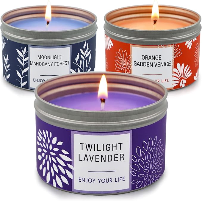 Scented Candle Gift Set for Women, 3 Pack Large Soy Wax Candles in Tins, 6.2 oz Each, 30-35 Hr Burn, Lavender, Orange Blossom & Mahogany Woods