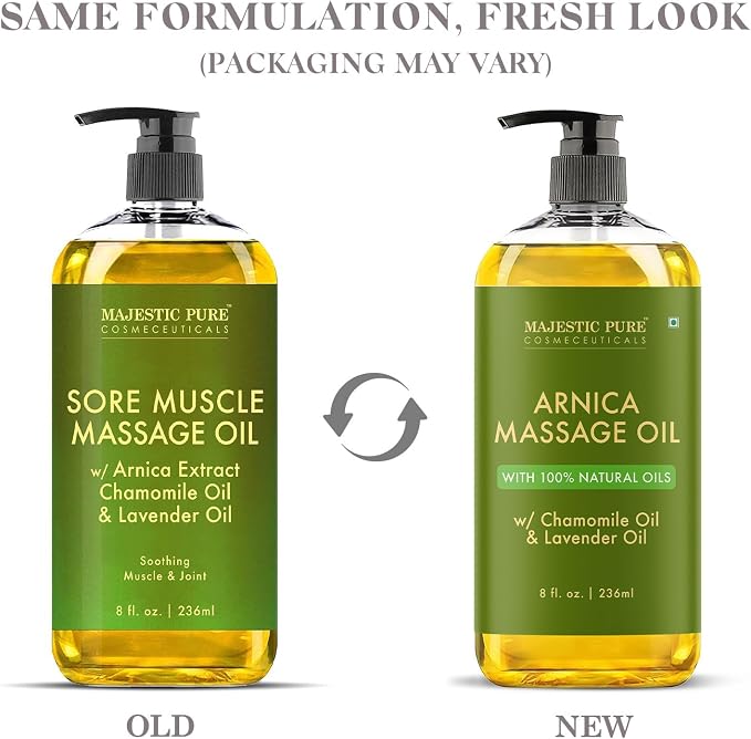 MAJESTIC PURE Arnica Sore Muscle Massage Oil for Massage Therapy - Refreshing and Relaxing - Natural Oils with Lavender & Chamomile Essential Oils - All Skin Types - Men & Women Massage Lotion-8 fl oz