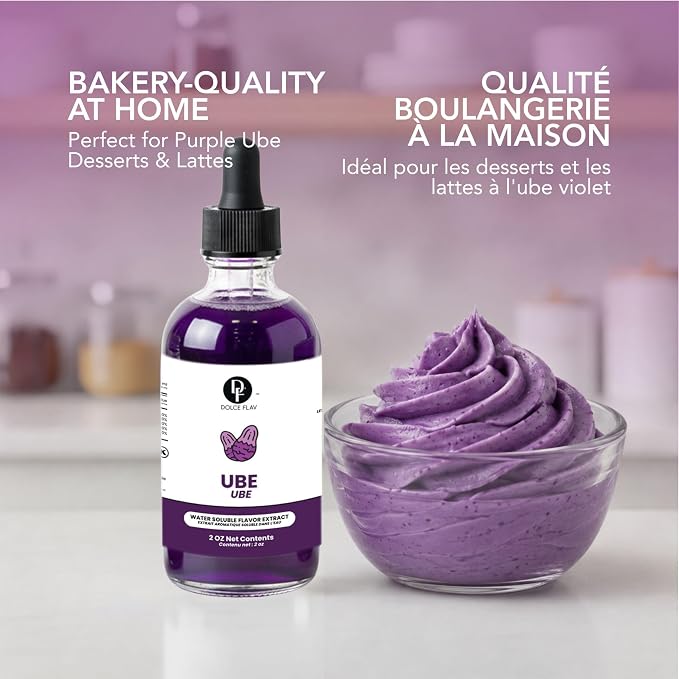 Dolce Flav Purple Ube Extract – 2 Ounce Water-Soluble Kosher, Sugar-Free, Concentrated Sweet Ube Flavoring for Baking, Ice Cream & Pastries, Includes Measured Dropper