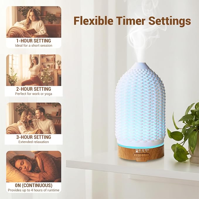 VICTORIA AROMA Ultrasonic Essential Oil Diffuser 100ML 3D Printing Ceramic - Cool Mist Humidifier, 7-Color LED Lights, 3 Timer & Auto Shut-Off, Ideal Gift for Home Bedroom Office (White)