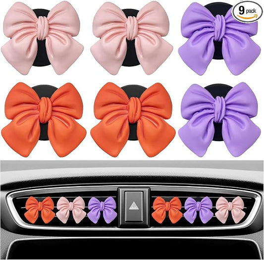 KVAEY 9 PCS Pink Bow Car Air Freshener, Automotive Cute Pink Bow Air Outlet Clips with Scent Pieces, Universal Coquette Car Air Vent Diffuser for Women and Girls (Orange+Pink+Purple)