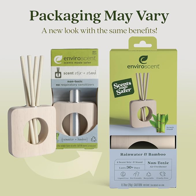 Enviroscent Non-Toxic Air Freshener Scent Stix™ & Stand Kit - Liquid-Free Diffuser Kit - Includes Mango Wood Stand & Scent Stix™ Refill - Fragrance Lasts Up to 30 Days - Rainwater & Bamboo