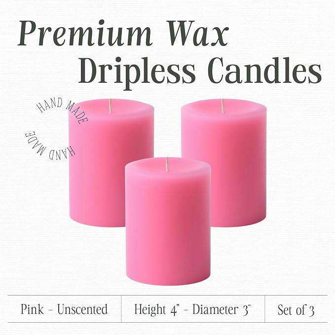 Mister Candle Dripless Unscented Pink Pillar Candles, Set of 3 Hand Poured Solid Color Non-Scented Candles for Home Decor, Premium Wax, 60 Hr Burn Time - 3x4 Inch, Pink