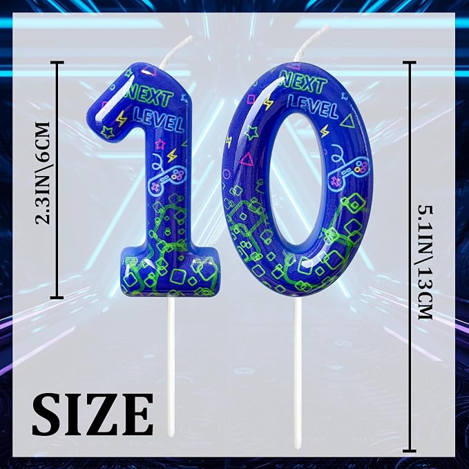 Number 10 Birthday Candle for Cake – Blue Gaming Theme Number Candle with “Next Level” Design, Video Game Style Cake Topper for Anniversary & Celebration