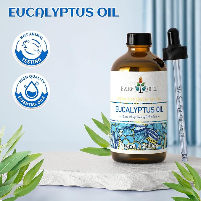 EVOKE OCCU Eucalyptus Essential Oil for Diffuser, Aromatherapy, Shower, Clear Breath, Add to Body Wash, Soap and Candle Making - 4 Fl Oz