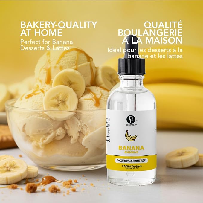 Dolce Flav Natural Banana Extract – 2 oz Water-Soluble Pure Banana Flavoring Drops for Baking, Smoothies & Desserts | Sugar Free, Allergen Free, Kosher | Made in USA