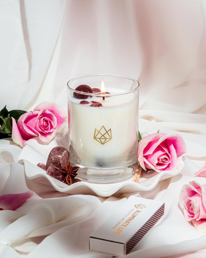 Luxury Glass Jar Candle, 14 OZ, Sensual - Strawberry Quartz Crystal Infused - Scents of Star Anise, Rose, Sichuan Pepper & White Musk - Coconut Wax, Essential Oils, Dr. Developed