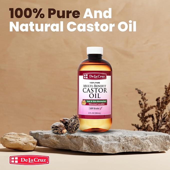 De La Cruz Castor Oil - 100% Pure Castor Oil for Hair, Skin, Eyelashes, and Eyebrows - USP Grade, 8 FL Oz