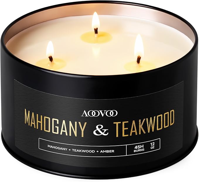 AOOVOO Mahogany Teakwood Candles for Men - 3 Wick 12oz Large Scented Candle, Long Lasting Soy Candles for Home Scented, Strong Fragranced Masculine Black Candle Gift for Father Day, Women & Men