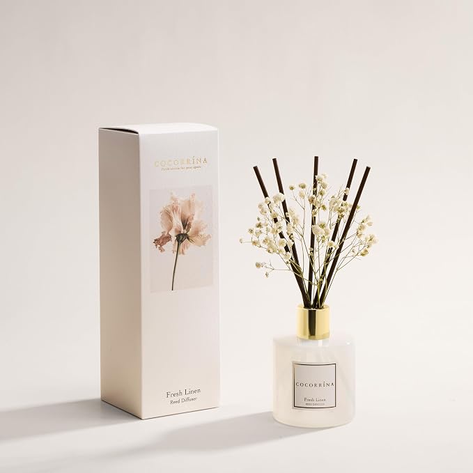 COCORRÍNA Reed Diffuser - Fresh Linen 6.7 fl oz Reed Diffuser with Sticks, Home Bedrrom Bathroom Shelf Decor