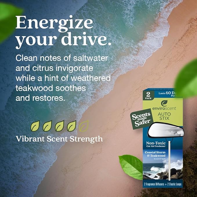 Enviroscent Non-Toxic* Car Air Freshener Auto Stix® - Scents Made Safer - Enjoy Fragrance Lasts Up to 180 Days - Includes Auto Stix® Diffusers & Elastic Loops - Coastal Storm & Teakwood (Pack of 3)