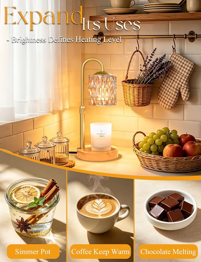 Briever Dimmable Candle Warmer Lamp with Timer, Height Adjustable Electric Candle Wax Warmer, Birthday Gifts for Women Mom, House Warming Gifts New Home Decor, Solid Wood Base, Natural Wood Champagne