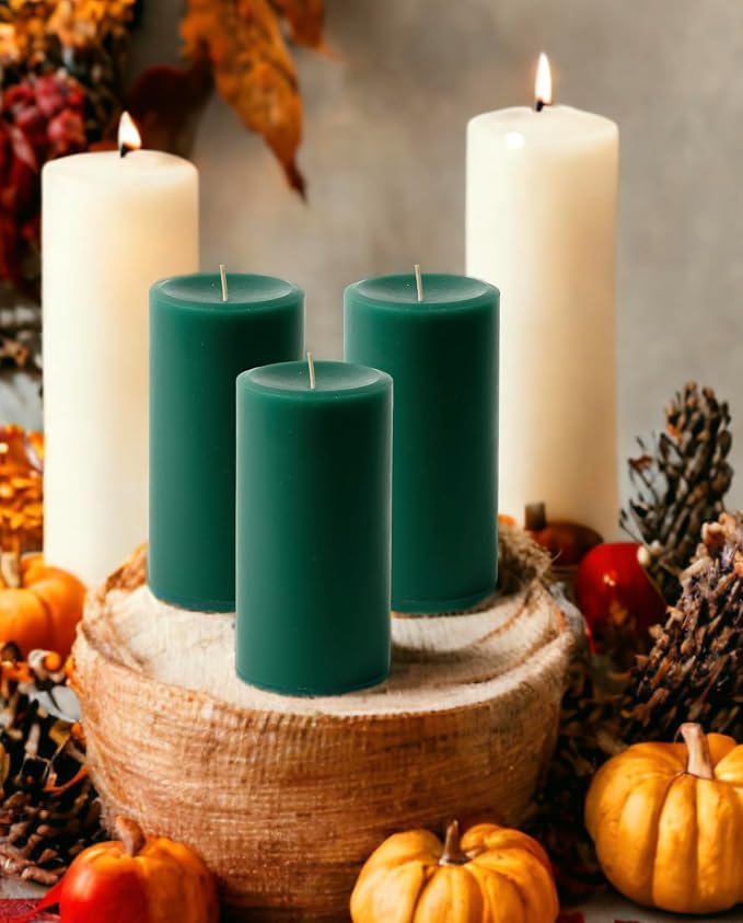 Mister Candle Dripless Unscented Pillar Candles, Set of 3 Hand Poured Hunter Green Pillar Candles, Solid Color Non-Scented Candles for Home Decor, Premium Wax, 80 Hr Burn Time, 3x6 Inch