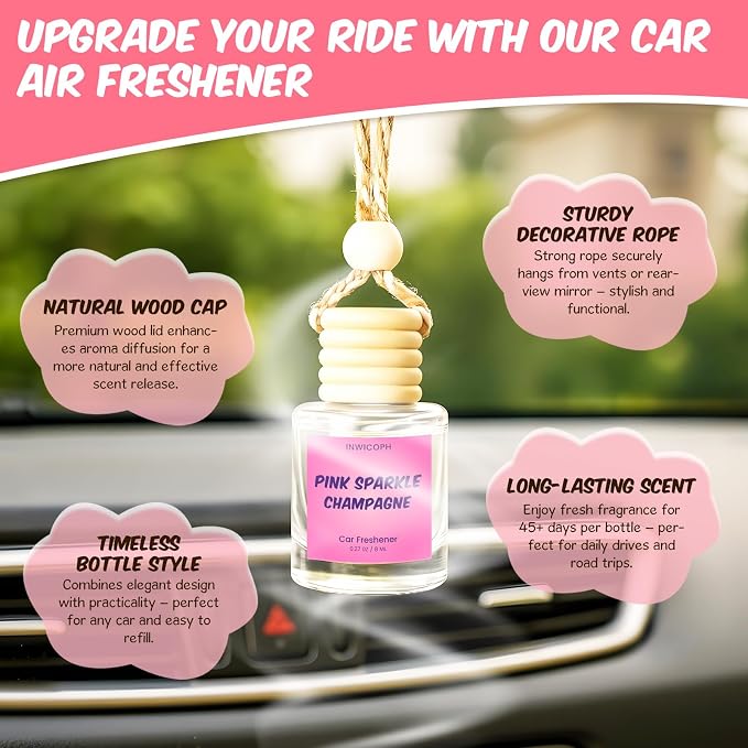 Premium Car Air Freshener Diffuser Set (2 Pack) - Pink Sparkle Champagne Fragrance Oil, 45+ Day Long-Lasting Hanging Auto Freshener
