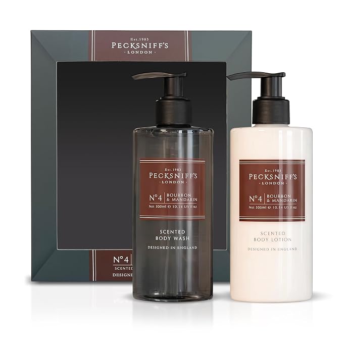 Pecksniffs Mens Bathing Duo Collection – Bourbon & Mandarin Scented Body Wash and Body Lotion Gift Set, 2 x 250ml