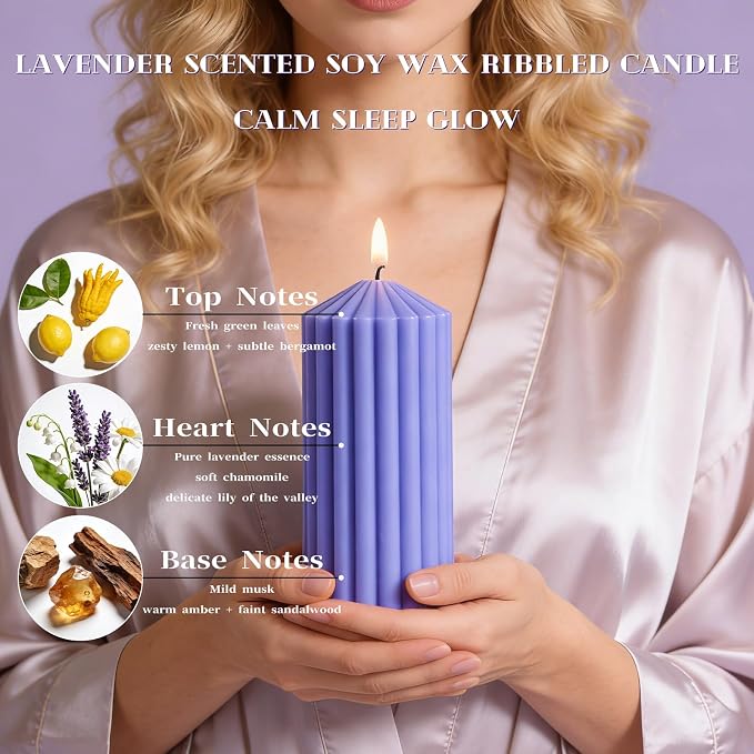 Ribbed Pillar Candles Set of 3, Width 3" High 4" 6" 8" Large Soy Wax Lavender Scented Modern Candles for Home Decor, Dinner Table, Living Room, Housewarming Gift