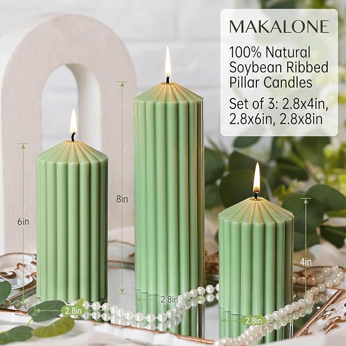 Citronella Candles for Patio, Set of 3 Ribbed Sage Green Pillar Candles for Summer Outdoor,Soy Wax Modern Boho Home Decor Pillars,Aesthetic Candle Gift Set for Garden and Indoor Use