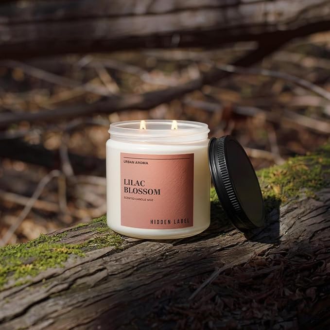 Hidden Label Lilac Blossom Soy Candle, 12oz 2-Wick, 70H Floral Aromatherapy | 100% Natural Wax, Paraben & Phthalate-Free, Clean-Burning | Elegant Decor, Gift-Ready for Spring | Stress Relief & Calming
