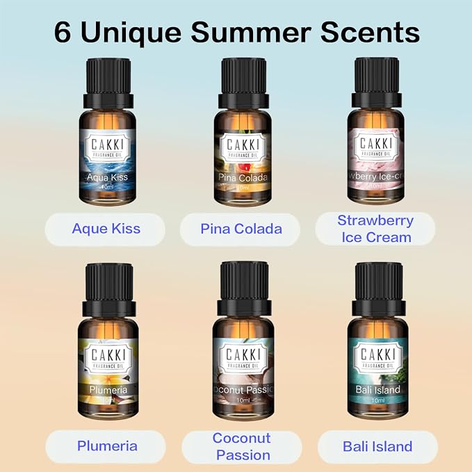 Summer Essential Oils for Diffusers for Home, CAKKI Fragrance Oils Set, Long Lasting, 6X10ml with Coconut, Pina Colada, Aqua Kiss, Bali Island, Strawberry, Aromatherapy Oils, for Candles Making, Gifts