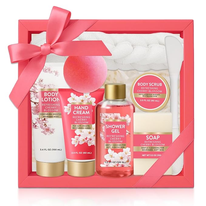 Spa 8pcs Bath Set for Women Cherry Blossoms | Bath Set with Face Mask Brush, Loofah, Gifts for Her