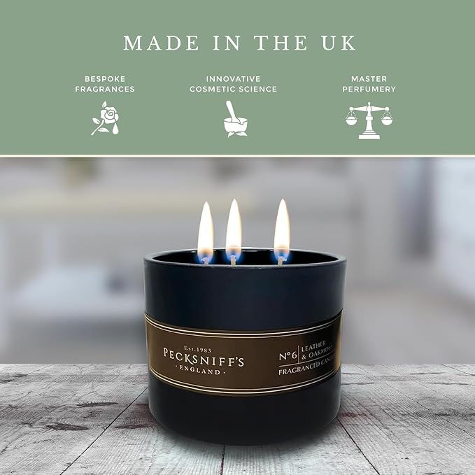 Pecksniffs Black Tall Leather & Oakmoss Scented Candle | 3 Wicks, 283g/9.9oz