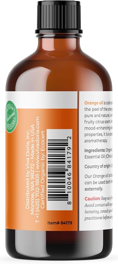 Viva Doria Orange Essential Oil, USDA Certified, Organic Orange Oil, 100% Pure, Natural Essential Oil, Undiluted, for Aromatherapy | Food Grade, 118 mL (4 Fluid Ounce)