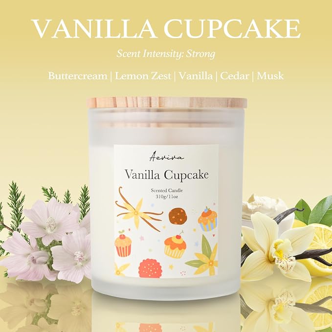 Vanilla Cupcake Scented Candle, 11oz 60 Hour Burn, Natural Soy Wax with Thick Cotton Wick, Highly Scented Aromatherapy Candle for Stress Relief & Meditation, Gifts for Women & Men